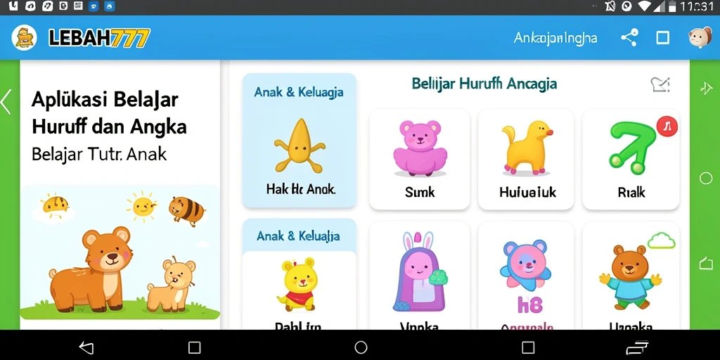 Tampilan antarmuka LEBAH777 menunjukkan fitur belajar huruf dan angka yang interaktif.