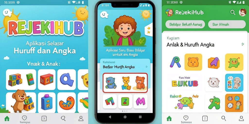 Antarmuka aplikasi REJEKIHUB yang interaktif untuk belajar huruf dan angka.