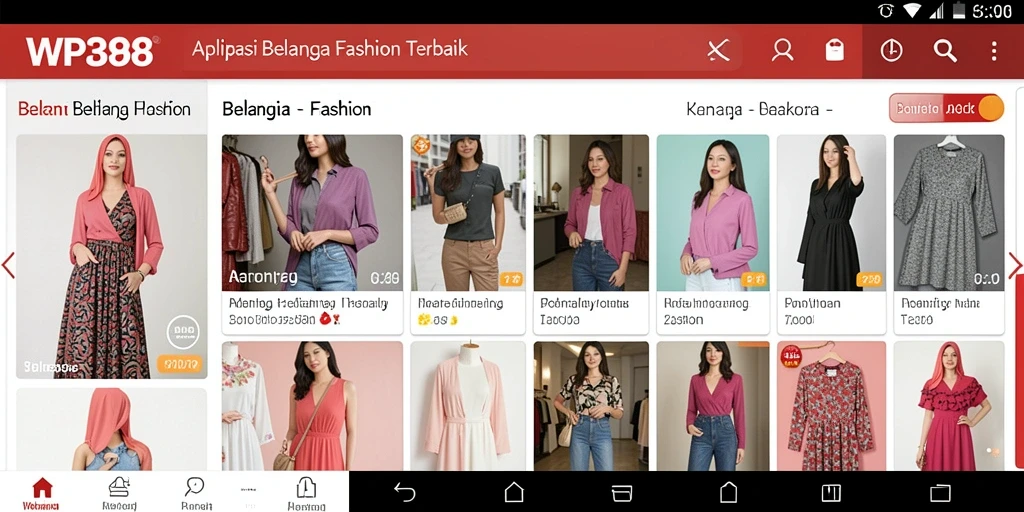 Screenshot aplikasi WP888 menampilkan antarmuka belanja fashion yang modern dan menarik.